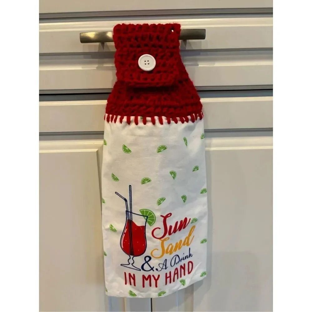 Crochet Top Kitchen Towel- Sun sand drink in my hand red topper